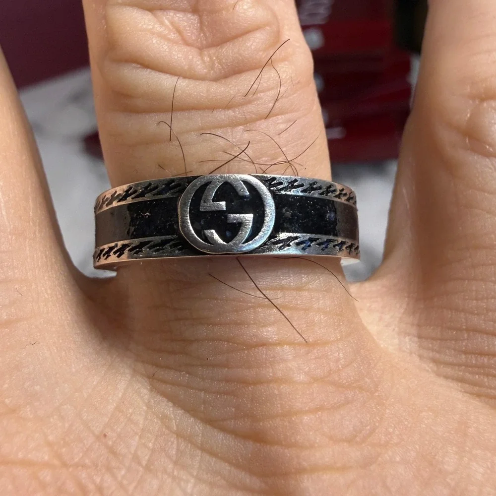 Gucci 745573 Interlocking GG Black Resin Sterling Silver Ring Size 19 US 8 3/4